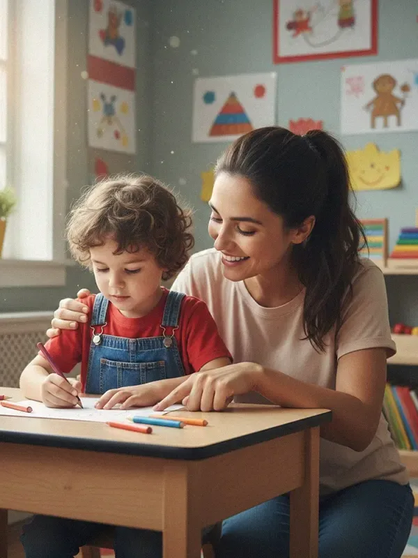 Un'educatrice affianca un bambino mentre disegna al tavolo.